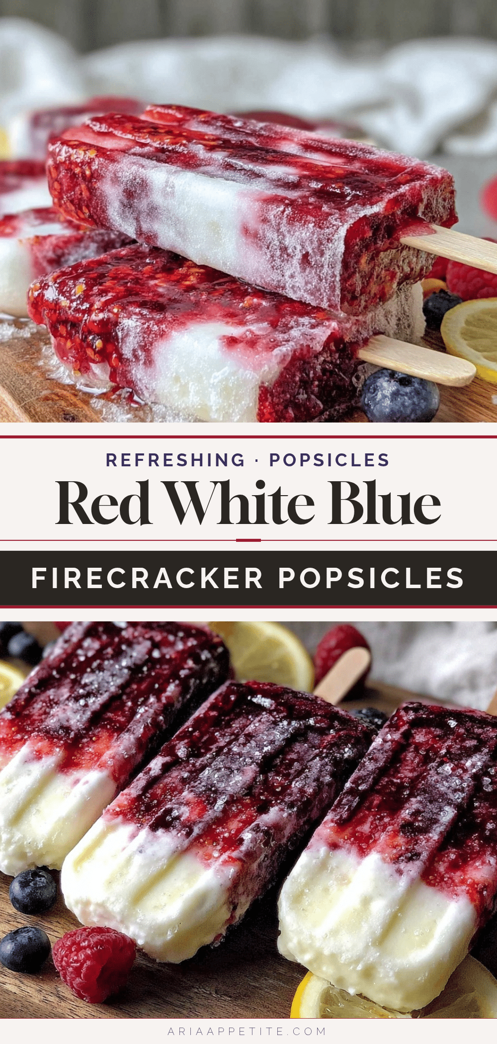 Red White and Blue Firecracker Lemon Raspberry Popsicles recipe